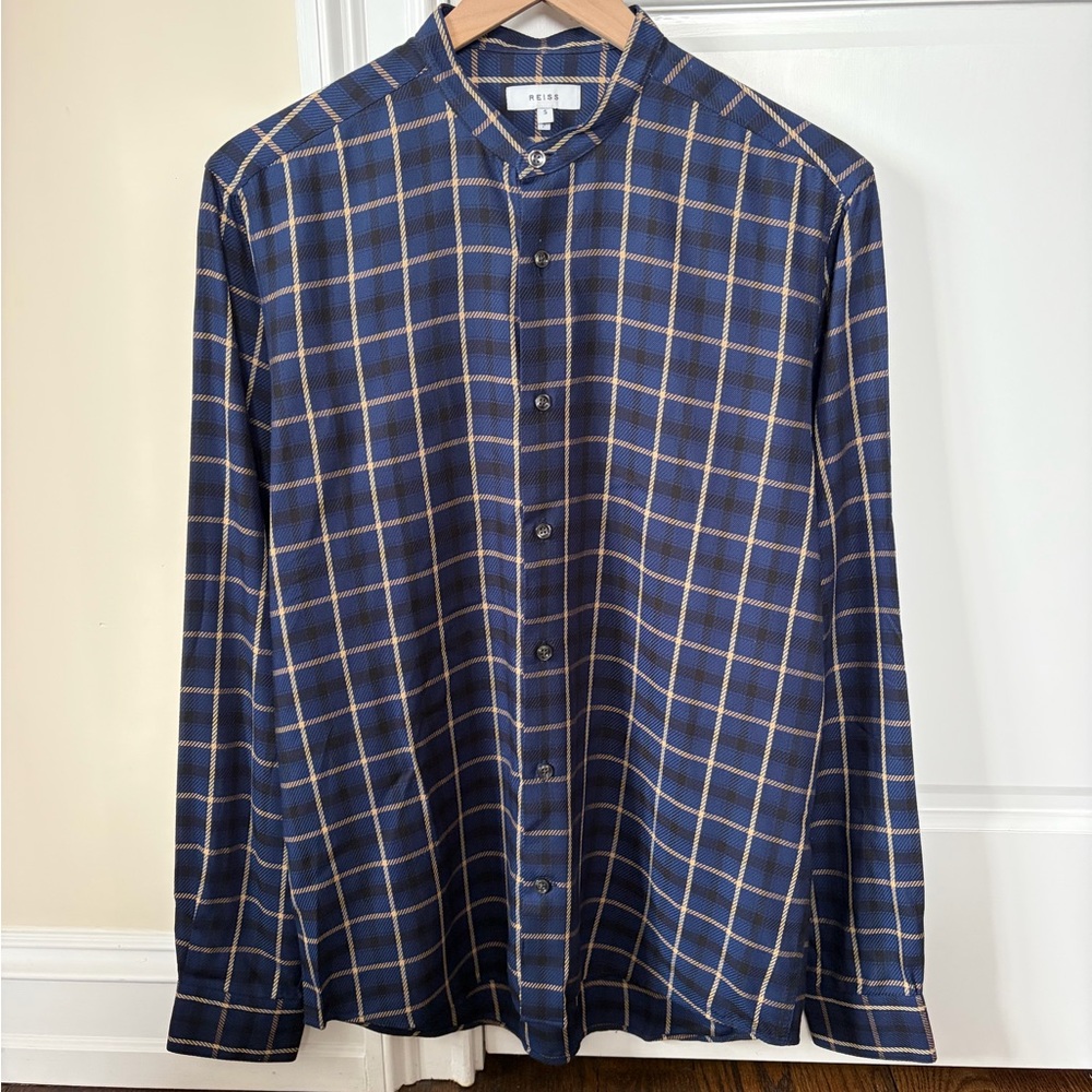 Reiss Men’s ‘Maison’ Navy Black and Beige Plaid Slim Viscose Twill Shirt